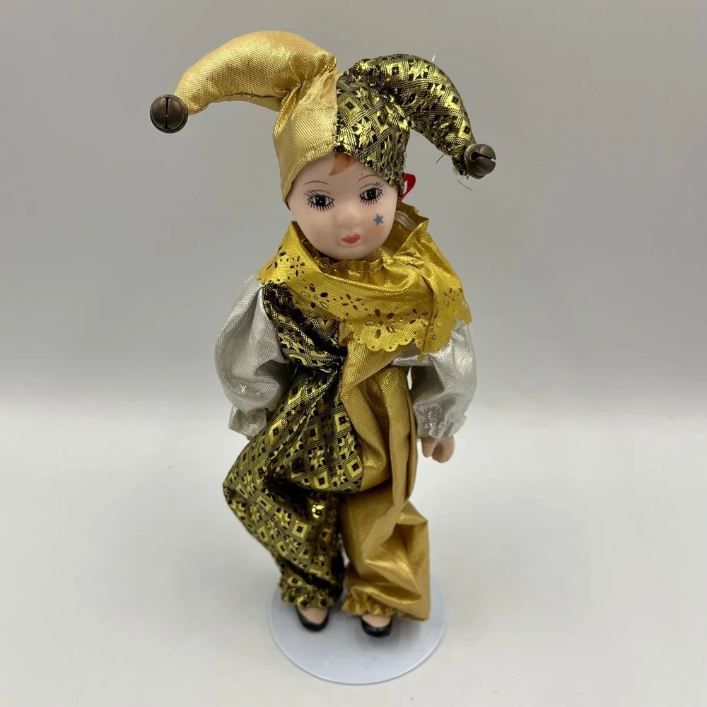 Vintage Porcelain Harlequin Jester Doll Gold Silver Metallic 8.5 Inch with Stand